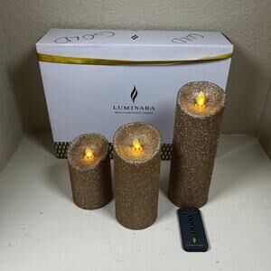 Luminara Flameless Moving Wick Pillar Candles w/remote - set of 3 - gold glitter